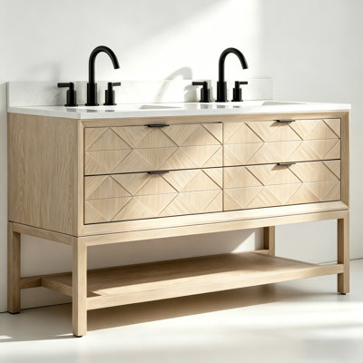 60"  Freestanding Double Sink Solid Wood Natural Oak Bathroom Vanity with Engineered Marble Top