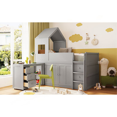 Lit mezzanine simple en bois avec bureau, tiroirs, armoires