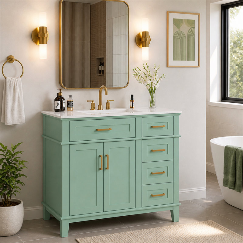 Meuble-lavabo autoportant moderne avec lavabo en céramique et tiroirs de rangement à fermeture en douceur pour l'organisation