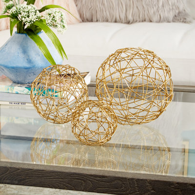 CosmoLiving by Cosmopolitan Gold Metal Geometric Wire Orb Decorative Sculpture, Set of 3 8", 6", 4"D