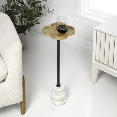 Colby 24.5" Transitional Quatrefoil Mango Wood Top Drink Table - Black Iron Pedestal & White Marble Base Martini Accent End Table