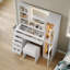 Dressing Table with LED Mirror, 6 Drawers, 2 Cabinets and 3 Open Shelves, Power Outlet, Glass Top-452265961