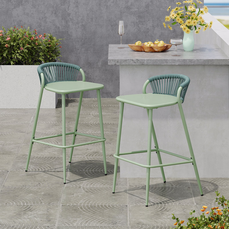 Ensemble de 2 tabourets de bar d'extérieur, structure en aluminium d'une hauteur de siège de 29 po avec dossier tissé en corde festonné