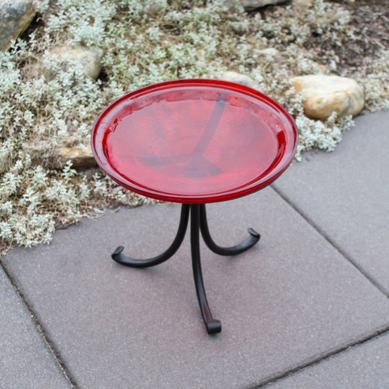 14" Red Crackle Glass Birdbath with Wrought Iron Tripod Stand