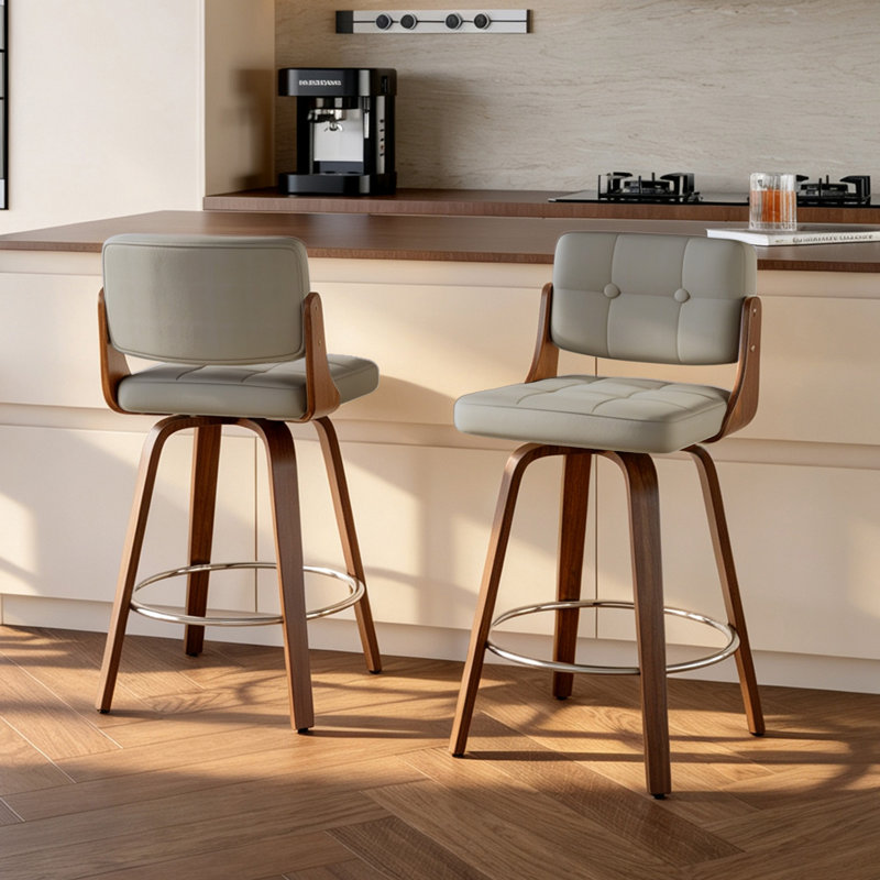 Tabouret de comptoir pivotant en cuir moderne de 26 po avec structure en bois robuste, Gris