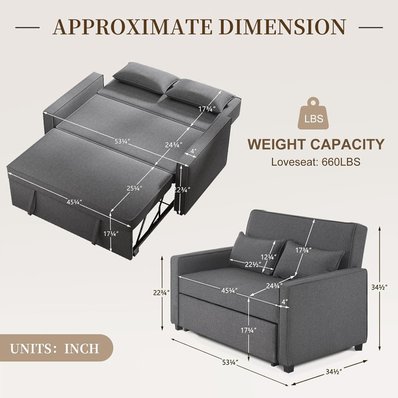 Modern Linen Upholstered Reclining Sleeper Sofa Bed, Dark Gray