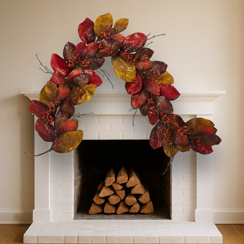 Autumn Magnolia Leaf with Berries Artificial Garland