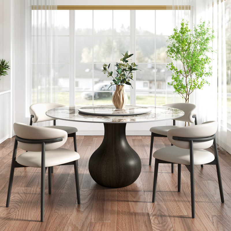 Ensemble de salle à manger 5 pièces pour 4 chaises de table rondes en faux marbre noir, Ambre, Marron foncé
