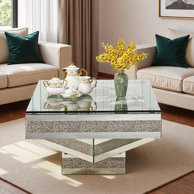 Modern Mirrored Coffee Table With Faux Diamond Inlay, Tempered Glass Top And Mirrored Stacked Base