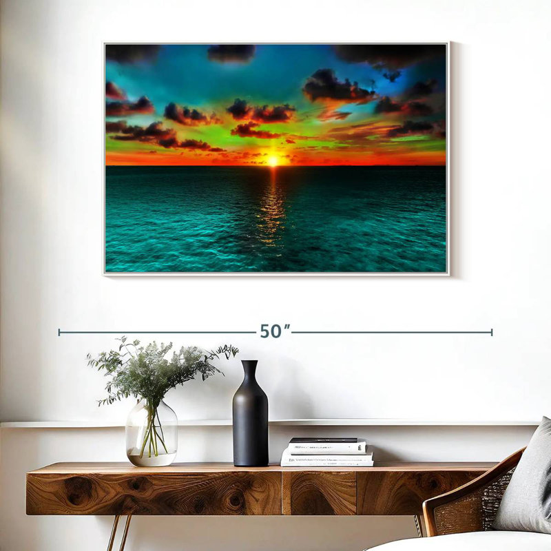 Coucher de soleil et océan, Cadre flottant blanc, 40 po x 27 po
