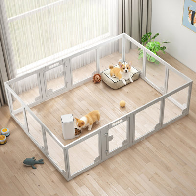 Acrylic Clear Dog Playpen Indoor, Modular Puppy Cat Small Pet Play Pen with 2 Doors, Transparent Fence for Little Dogs, Cats, Rabbits, Easy Assemble and Disassemble, White (24" H, 14 pcs)