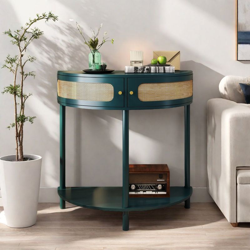 Table de bout avec 2 armoires de rangement en rotin, tablette inférieure, conception unique en demi-lune