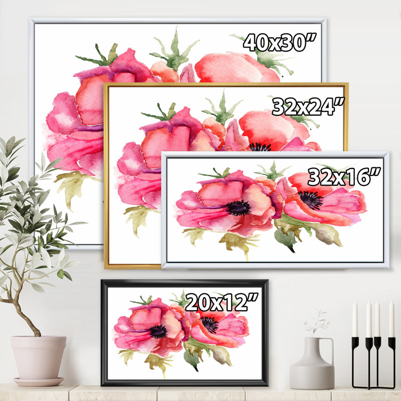 Fleurs de coquelicot stylisées - peinture sur toile, H 16 po x l 32 po x p 1 po, Toile blanche encadrée