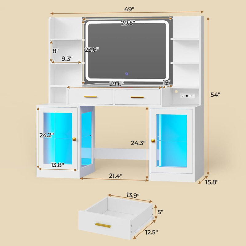Makeup Vanity With Mirror & Lights, Rgb Cabinets, Vanity Desk With 2 Glass Top Drawers & Power Outlet, For Teen , White