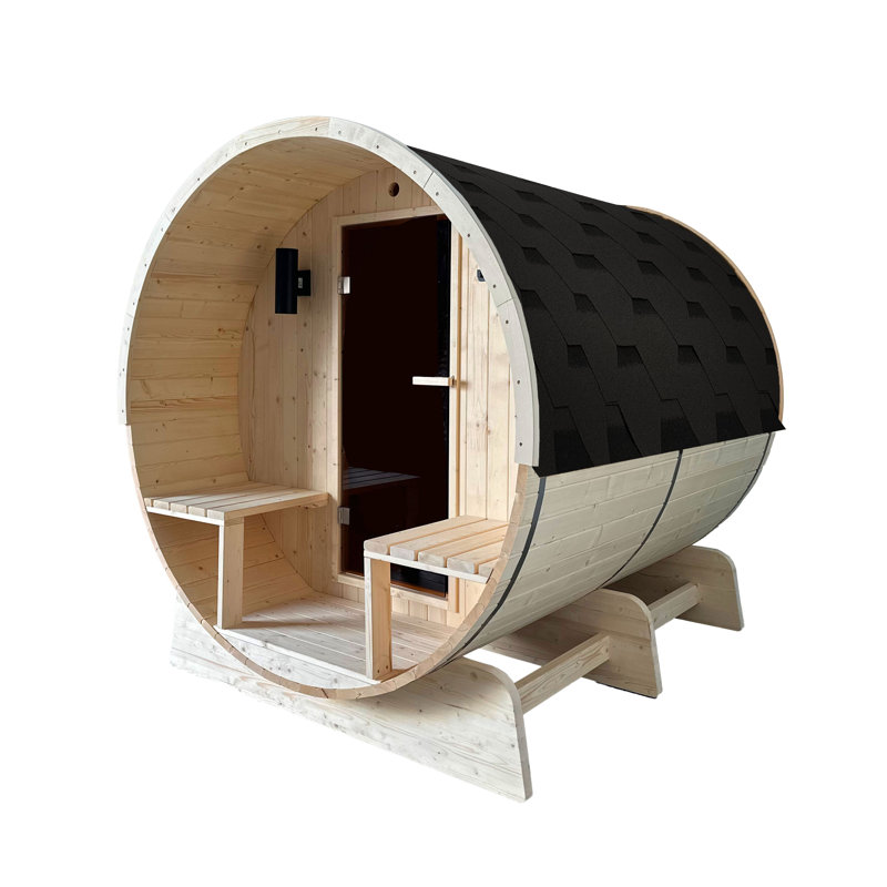 Outdoor or Indoor White Finland Pine Wet Dry Barrel Sauna - Front Porch Canopy - 8 kW UL Certified KIP Harvia Heater -6-8 Person