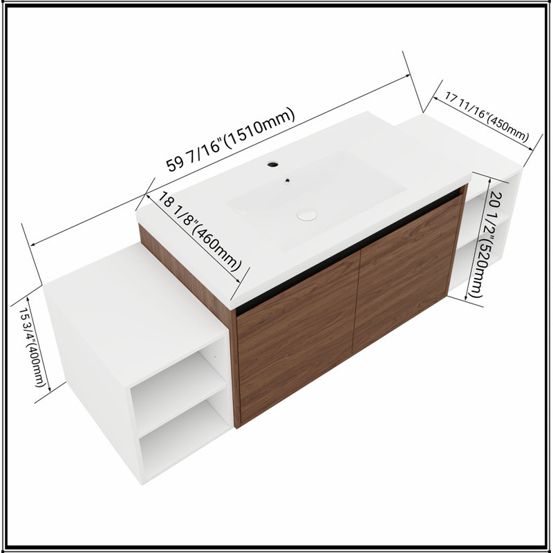Meuble-lavabo mural avec 2 portes et tablettes de rangement latérales, Brun