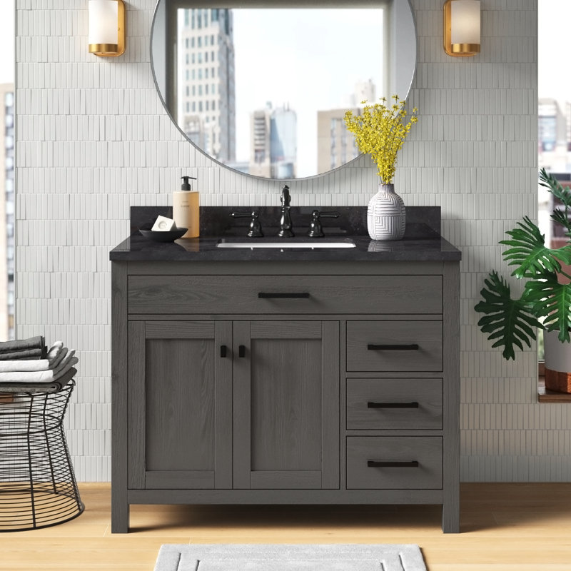 Ensemble de meuble-lavabo simple 42 po Ajiya, Gris texturé / noir mat, Calcaire bleu