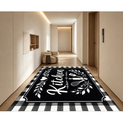 Tapis à carreaux noirs et blancs de style campagnard vintage, motif ustensiles de cuisine et feuilles, antidérapant et lavable, idéal pour la salle à manger, l'entrée ou la buanderie. Décoration intérieure chaleureuse.