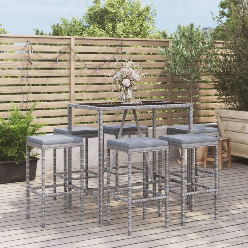 Ensemble de bar en osier avec tabourets Doritta, gris, gris