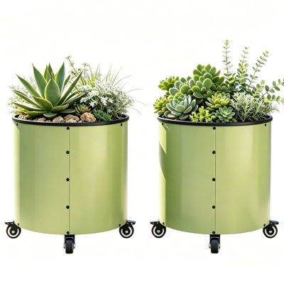 Large Metal Planter with Wheels, 22.2" Round Outdoor Rolling Planter Pot with Locking Casters for Patio, Deck & Garden, 2 Piece Set, Olive Green