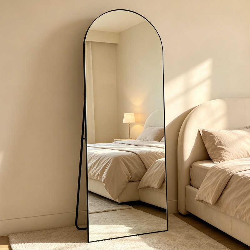 Full Length Mirror, 56"x16" Arch Floor Mirror with Stand, Black Arched Full Body Standing or Leaning Mirror for Bedroom, Living Room