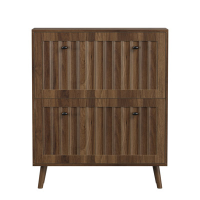 Armoire à chaussures de style médiéval moderne, unité de rangement à chaussures verticale avec finition rainurée verticale, armoire à chaussures de couleur noyer de 31,5 pouces, idéale pour les couloirs, les couloirs et les entrées.