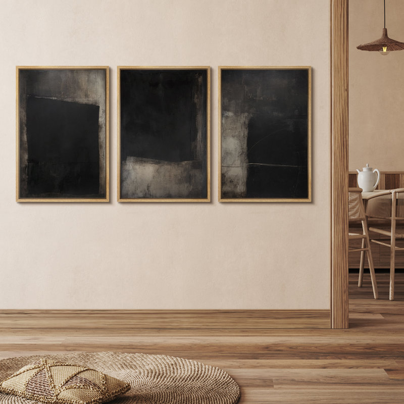 «Black Rustic Abstract Triptych», reproduction d'art sur toile encadrée, 3 pièces, H 36 po x l 24 po x P 1,5 po, Naturel