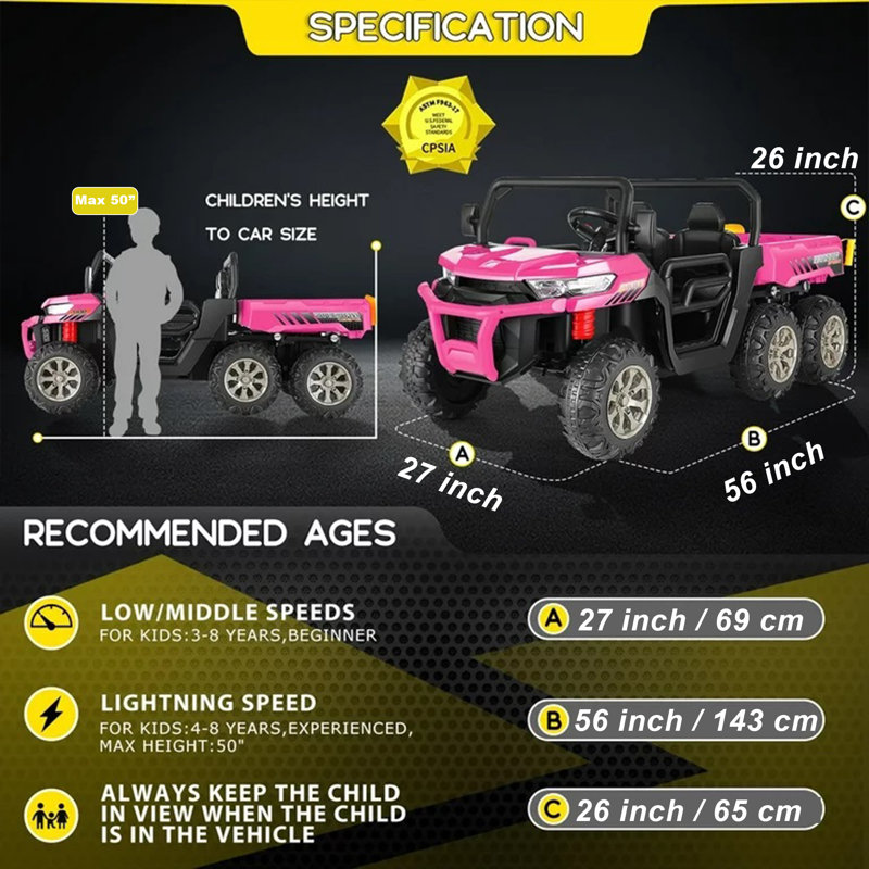 Alex 24V 4WD 2 places 6 roues sur camion à benne basculante avec télécommande, benne électrique et pelle, Bluetooth, rose