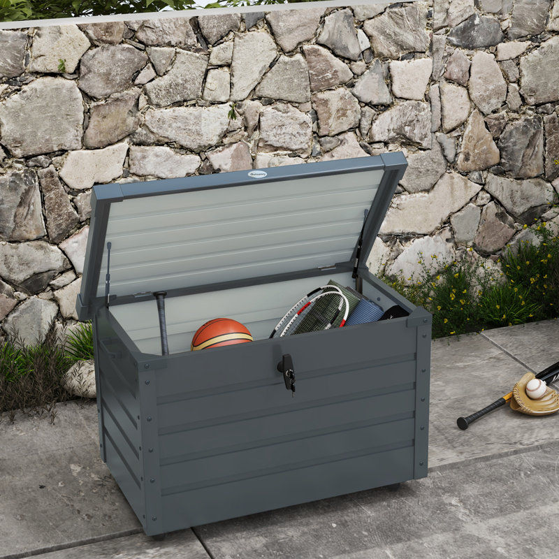 Boîte de rangement de jardin, coffre de terrasse avec verrou pour outils, coussins gris, H 25,6 po x l 39,4 po x P 24,4 po