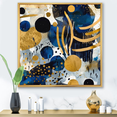 Motif abstrait abstrait bleu et doré XIXème - Grand art mural géométrique abstrait