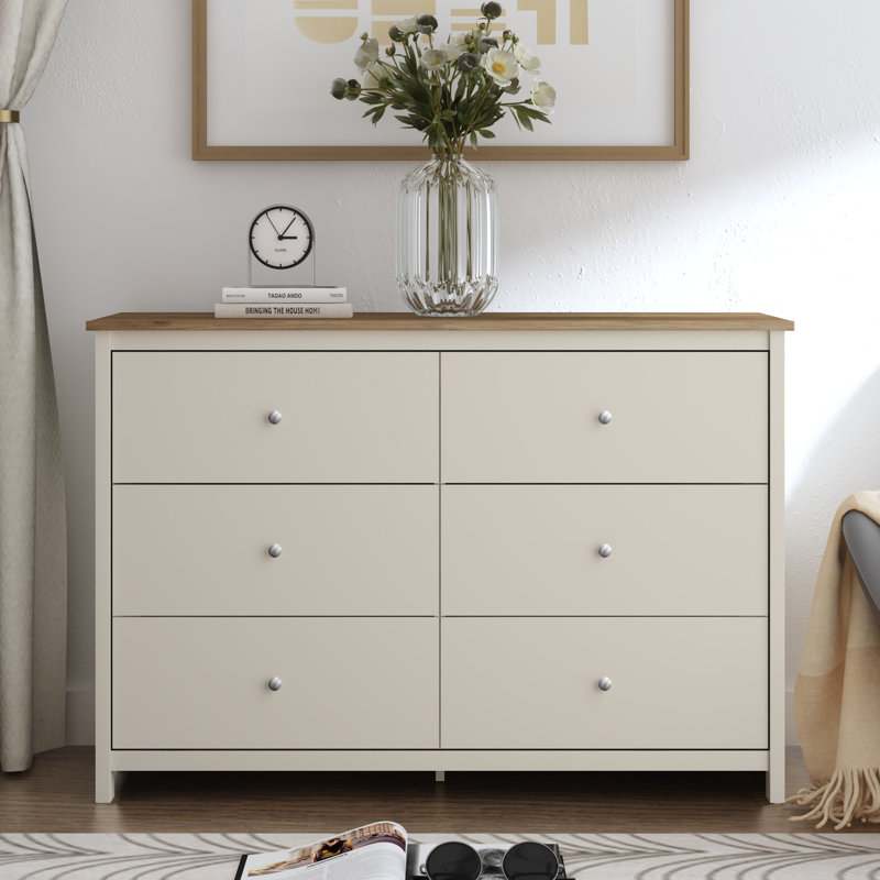Isenbert 6 Drawer 47.2" W Standard Dresser, Ivory/Knotty Oak