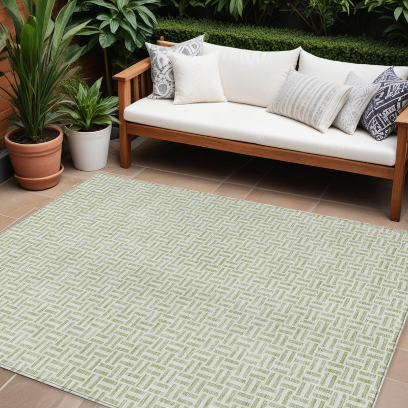 Tapis intérieur / extérieur géométrique lavable 9 pi x 12 pi vert et gris artichaut