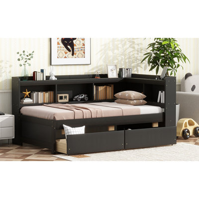 Lit simple avec bibliothèques en L et tiroirs de rangement, lit électrique de taille pin, 2 prises de courant, bois durable