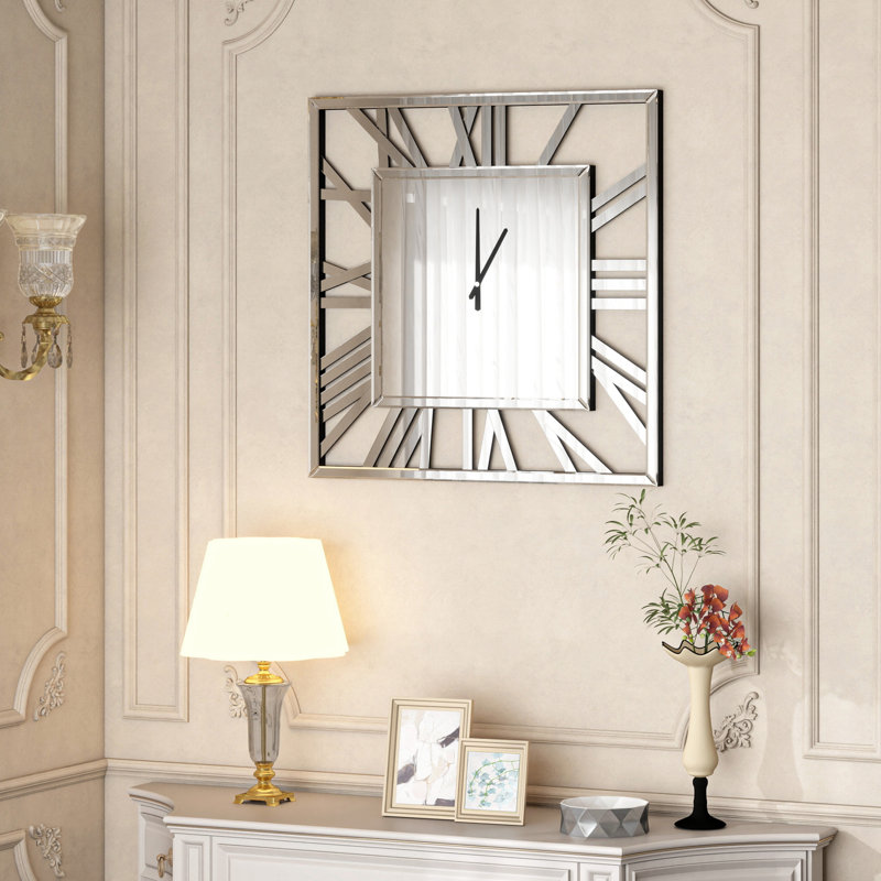 Grande horloge murale avec cadre en verre miroitant, horloge décorative silencieuse 31 po pour le salon