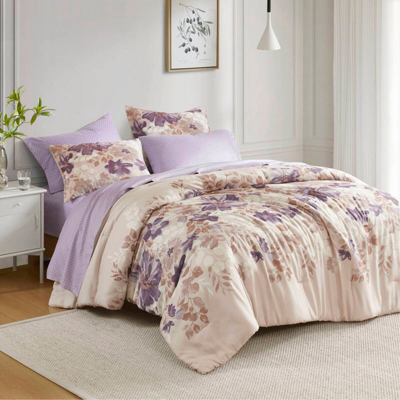 Ensemble d'édredon floral avec draps Taupe
