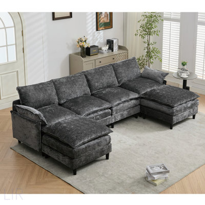 Modular U-Shaped Cloud Couch Comfy Set, 6-Seater With 2 Armrest Pillows And 2 Movable Ottomans, Convertible Sectional For Living Rooms And Apartments