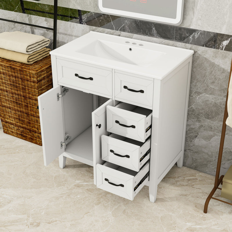 Meuble-lavabo de salle de bain avec lavabo en céramique, portes et tiroirs à fermeture en douceur