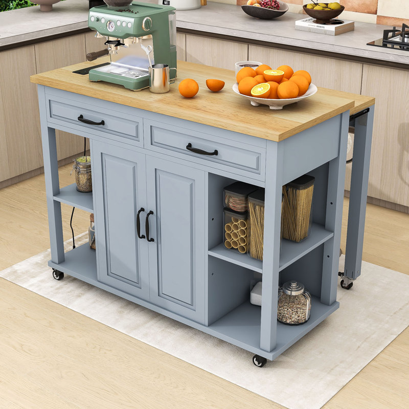 Extendable Kitchen Island with Integrated Power Outlets, 2 Drawers and Cabinet, Gray-blue