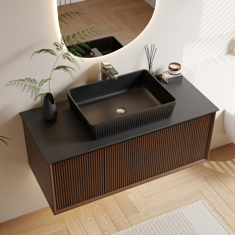 Meuble-lavabo simple moderne 35,4 po, meuble-lavabo flottant avec plateau blanc, armoire en bois massif, pré-assemblé, Noir