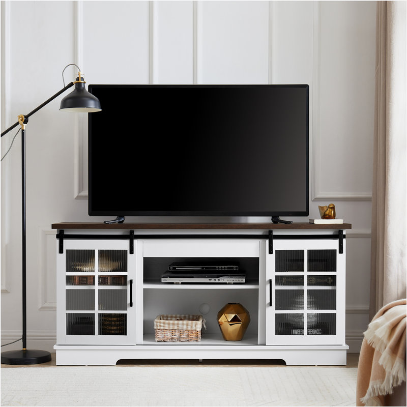 Multipurpose Sliding Door TV Cabinet Large Storage Cabinet with Glass Doors, For TVs Up to 65", White
