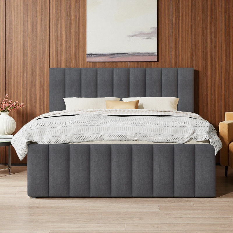 Lit plateforme tapissier charmant avec lit gigogne et 3 tiroirs, Lit double, Gris