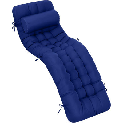 Waterproof Fade-resistant Outdoor Chaise Lounge Cushion With Headrest Pillow And Ties, Patio Pool Chair Replacement Cushion, Navy Blue, 1 Piece
