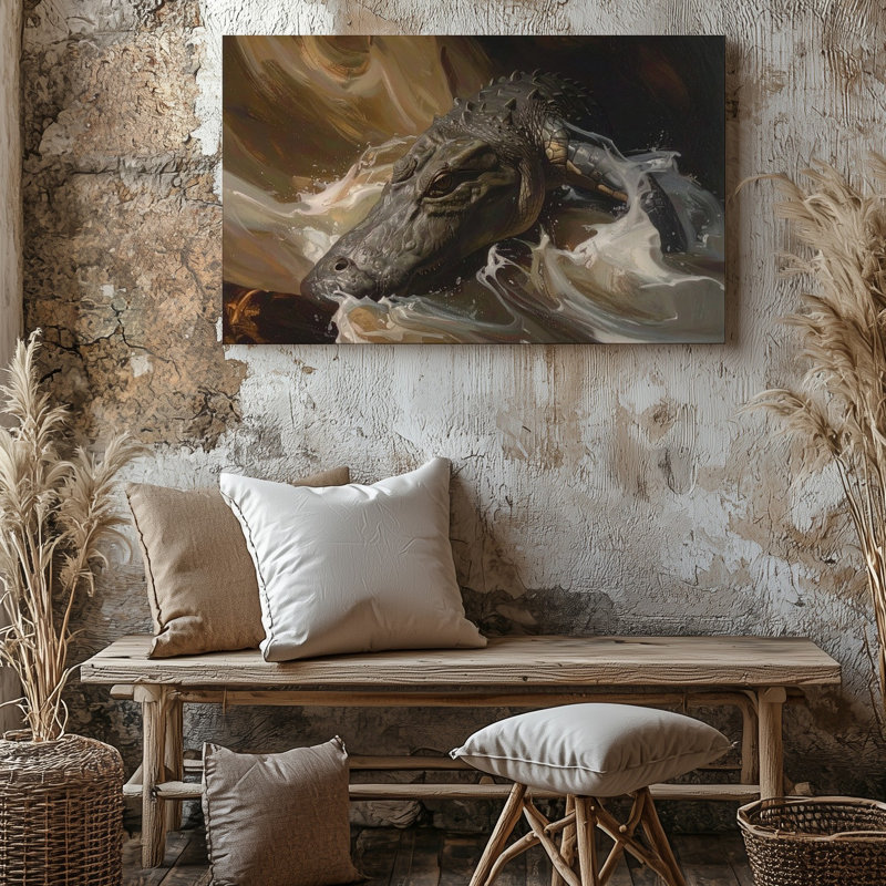 Toile, crocodile dramatique dans les eaux turbulentes, H 9 po x l 12 po