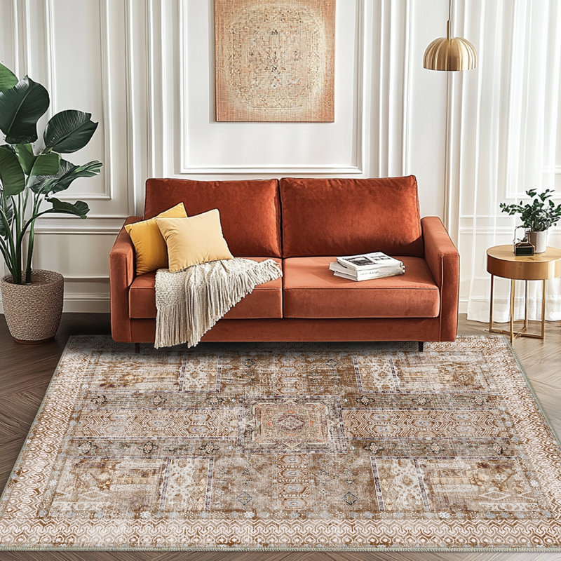Tapis de salon brun clair de 4 pi 6 pi, tapis lavable à la machine, tapis rétro antidérapant pour tapis de chambre à coucher, tapis bohème, tapis rétro patiné pour salle de classe, dortoir, salle à manger