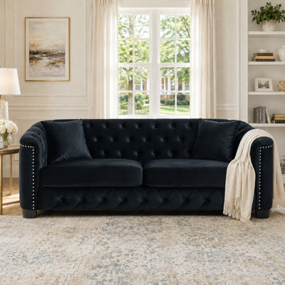 Modern Glam Chesterfield Velvet 3-Seater Sofa with Diamond Tufted Back, Nailhead Trim Arms and Two Accent Cushions for Living Room, Bedroom, Apartment or Office