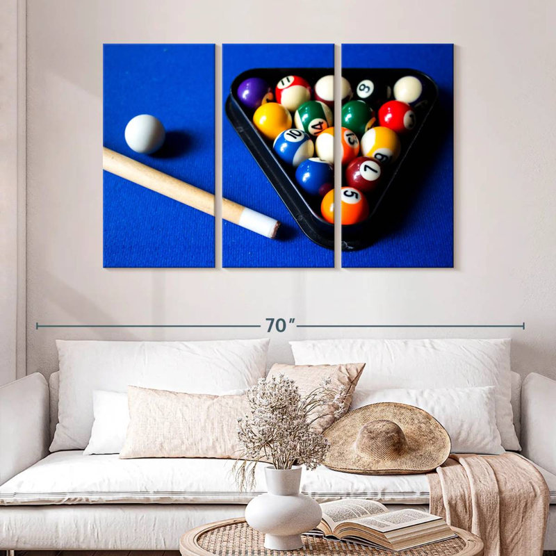 Boules de billard Senne sur table bleue, H 32 po x l 50 po