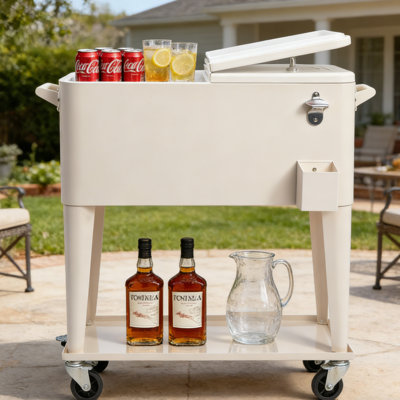 80QT Milk White Outdoor Cooler Cart with Iron Frame & Wheels, Ideal for Patio Parties, Camping & Home Use