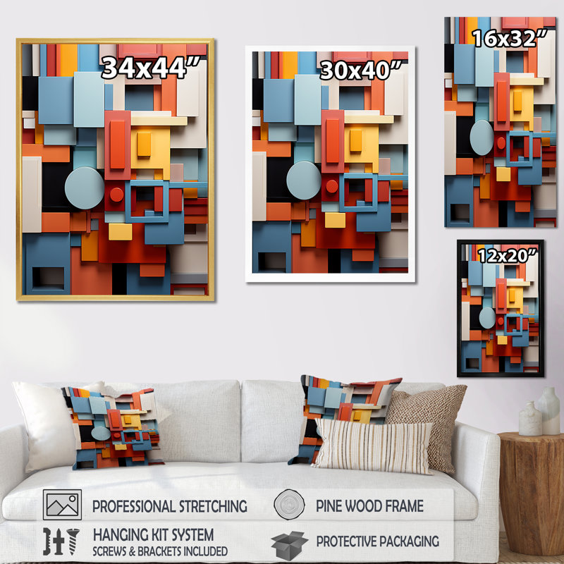 Formes géométriques multicolores essentielles, Cadre doré simple, H 32 po x l 16 po x P 1 po