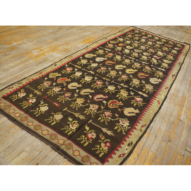 Antique Tribal Geometric Flora and Fauna Design Romanian Bessarabian Flat Weave Kilim Rug