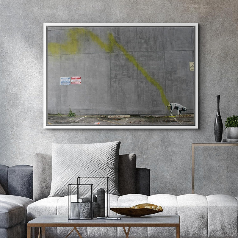 Pop Urban Street " Banksy Dog Peeing on Wall " Graphic Art Print, 16" H x 24" W x 1.5" D, White Floater Framed